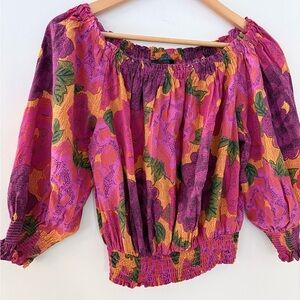 RACHEL ROY L Puff Sleeve Red Pink Floral Tropical Crop Top Smocked Hem Vacay